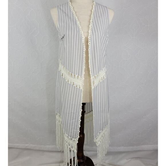 Indigo Thread Co Vest XS Blue White Striped Duster Crochet Fringe Open Front - Picture 1 of 12